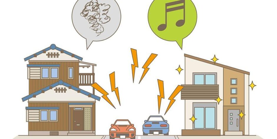 騒音トラブルに悩む住宅と、防音性能に優れた住宅の対比を表したイラスト