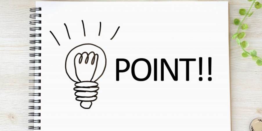 ビジネスの要点やヒントを示すアイデアのイメージ：手書き風の電球と“POINT!!”の文字