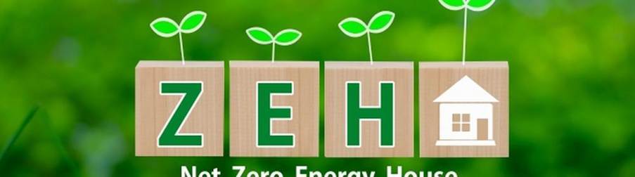 「ZEH」の文字と家のアイコンを並べた木のブロックの上に芽が生えている、自然と調和した省エネ住宅のイメージ。